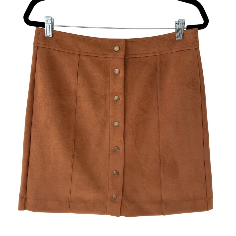 LOFT Skirt Women 10 Brown Faux Suede Button Front Mini A-Line Cognac Boho Preppy